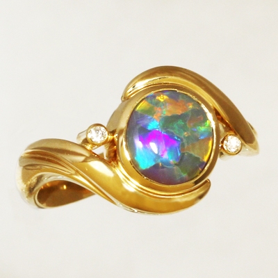 Custom Made 18k Yellow Gold Ring with a SOLID SEMI BLACK OPAL Large rolling flashes of the brightest fire. With VIDEO